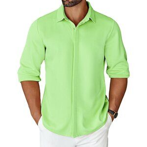 Mens Green Long Sleeve Wrinkle Free Shirt Casual Button Down Shirt Dress